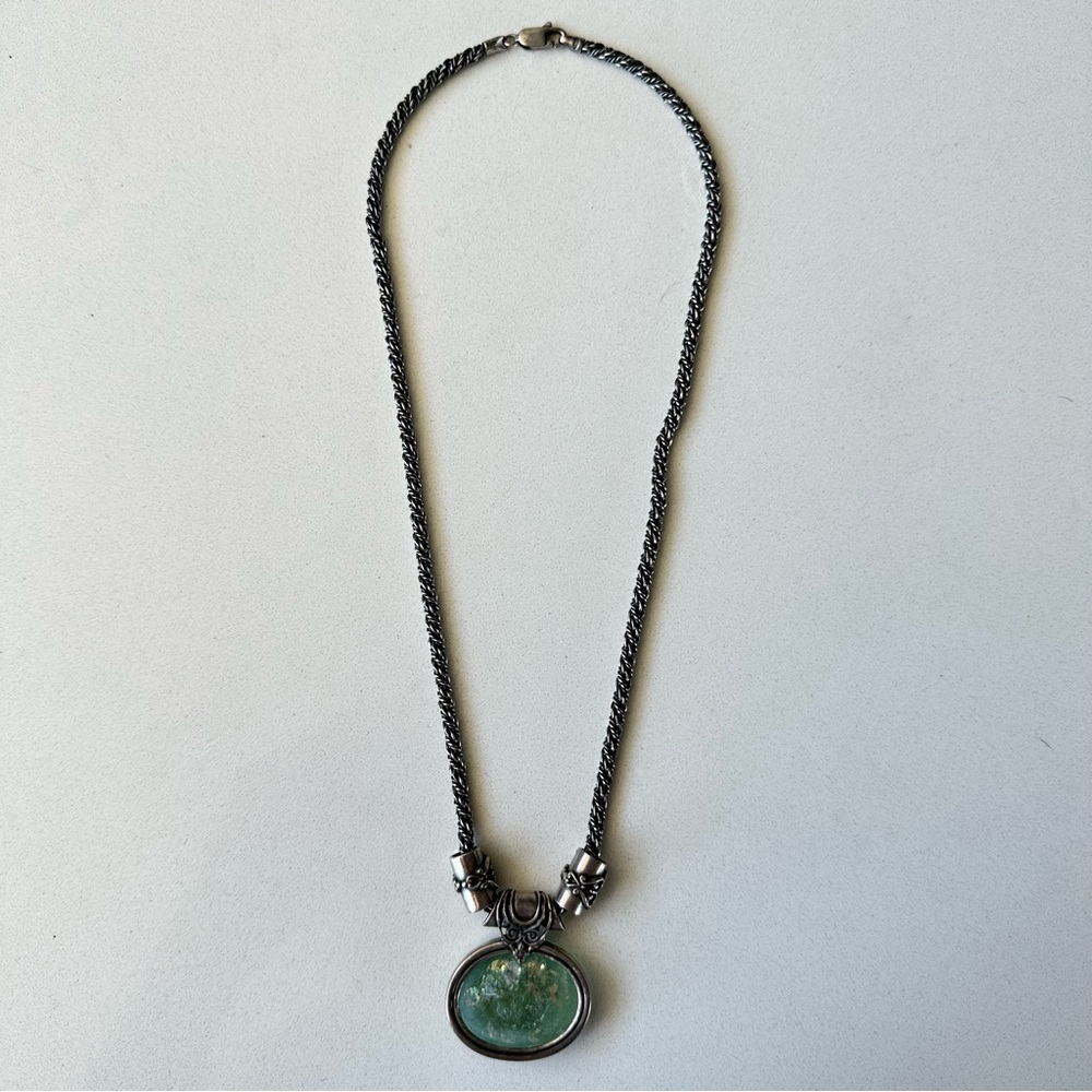 Sterling silver necklace with Roman glass pendant